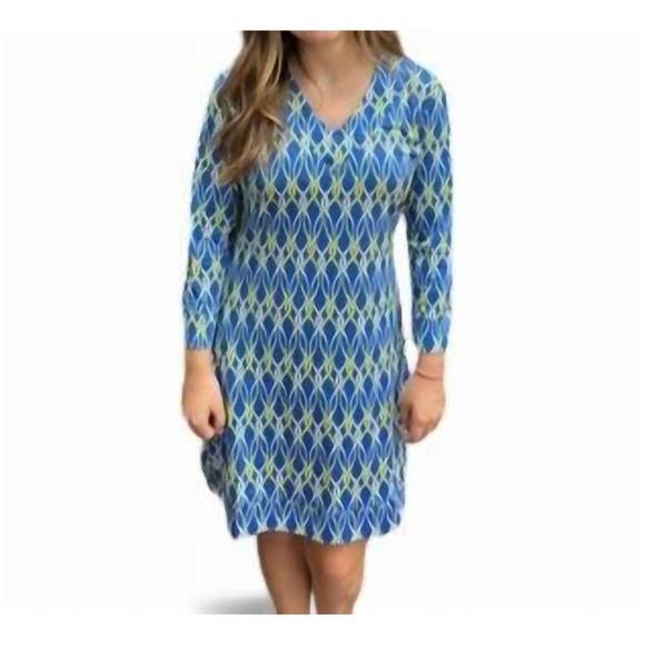 NEW ERMA’S CLOSET swirl print vneck dress in blue/yellow - Picture 1 of 1